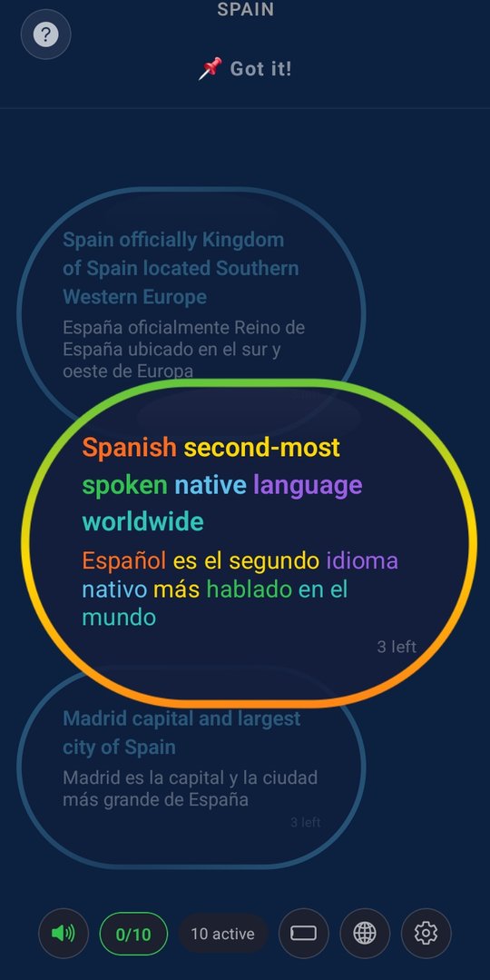 Speed Learning study activity with color-matched translations