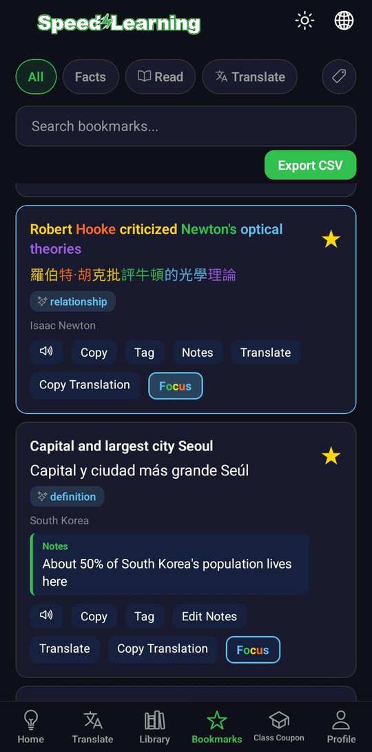 Saved bookmarks with translations